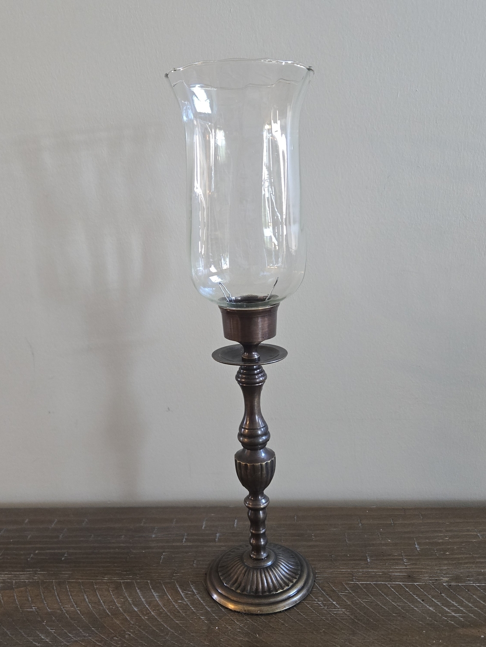 Clear Glass Hurricane Candle Holder with Bronze Metal Base